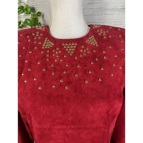 Pia Rucci Vintage Red Leather Dress size 12 Gold Studs 80's Dynasty Christmas - Picture 7 of 16